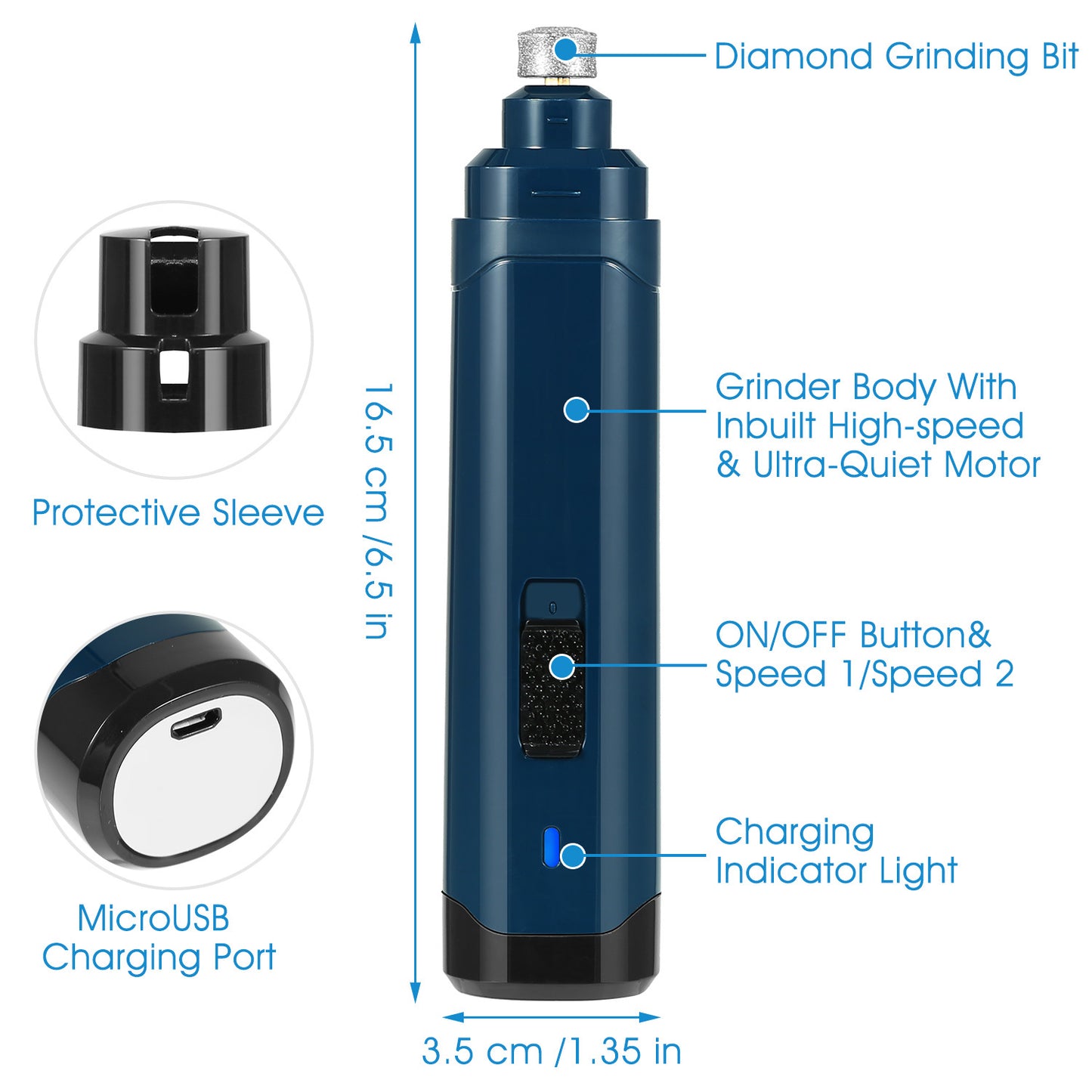 Dog Nail Grinder 2 Speed USB Rechargeable Quiet Pet Trimmer