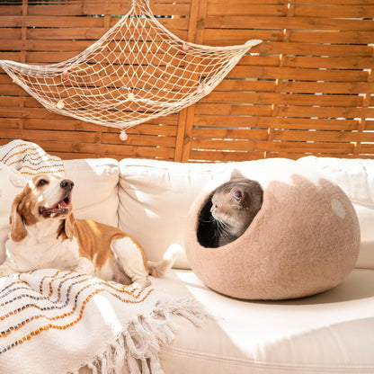 Handmade Wool Cat Cave Bed Natural Felt Hideaway House